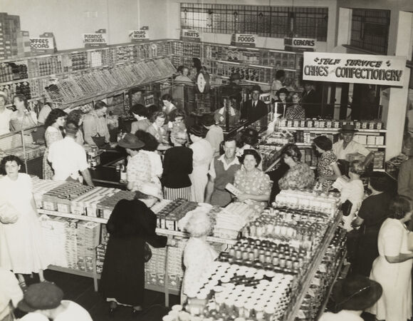 Customers amongst the shelves at the new Brisbane Cash and Carry Supermarket, West End, 1950