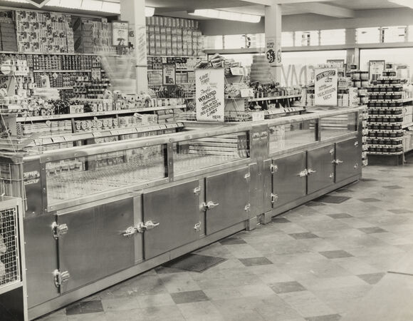 Fridges in the delicatessen area at the Brisbane Cash and Carry store, Stones Corner, 1953