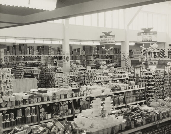Packed shelves at Stones Corner Cash and Carry, 1953