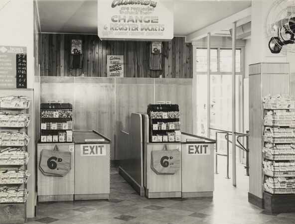 Two checkouts at the exit to the Cash and Carry store at Stones Corner, 1953
