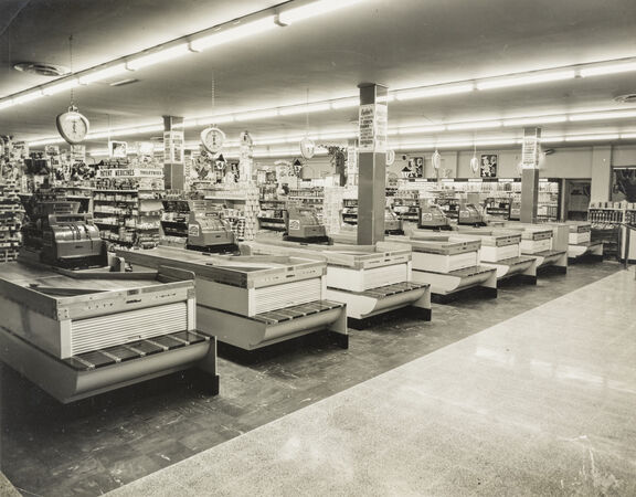 Seven checkouts at the new Cash and Carry store at Chermside, 1957