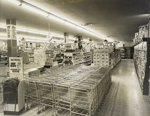 mage Rows of shopping trolleys at the entrance to the Chermside Cash and Carry store, 1957