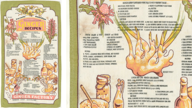 Tea towel depicting recipes using ginger