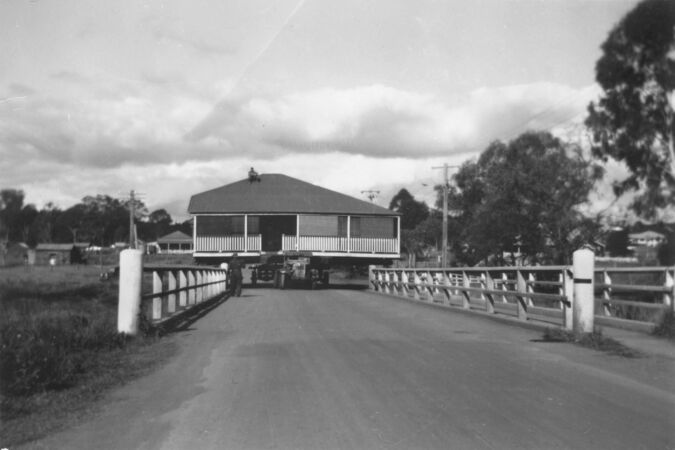 Moving a house, Nanango, Queensland, ca. 1947. 