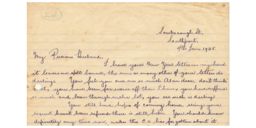 Excerpt of a letter written to Alan Hooper, from his wife Nancy. The letter details of missing Alan and telling him not to worry. 