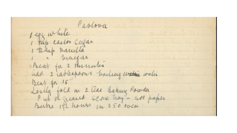 Pavlova recipe from Patricia Shannon recipe book