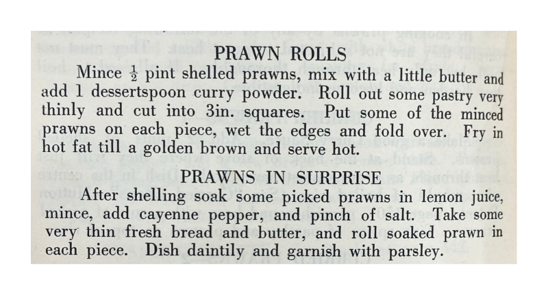 Recipes from The Schauer Australian Cookery Book, including Prawn Rolls and Prawns in Surprise