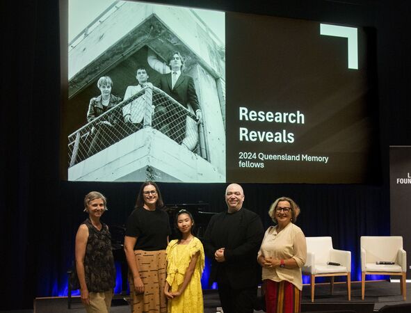 Sheena Boughen OAM with the 2022 and 2024 Christina Boughen OAM Fellows, alongside the pianist who performed at Research Reveals 2025.