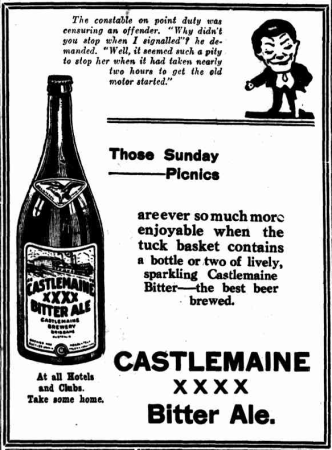 Black and white newspaper advertisement for Castlemaine XXXX Bitter Ale, featuring an early iteration of 
