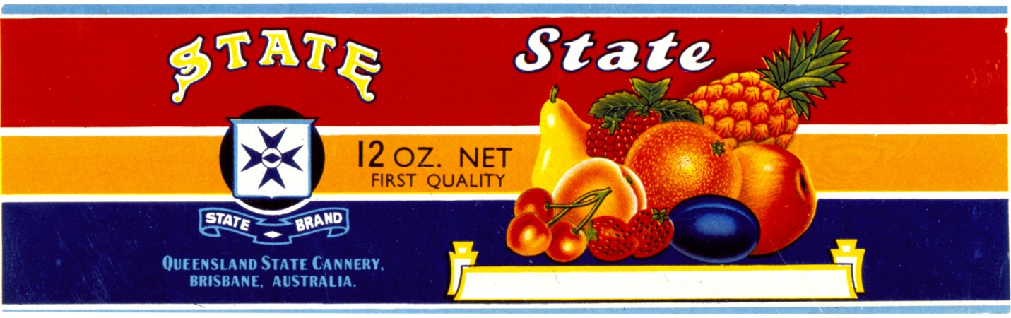 State Cannery Jam Label feautring red orange and blue background with an assortment of fruit