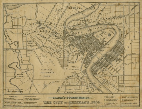 Yellowed Slaters Pocket Map of the City of Brisbane 1865