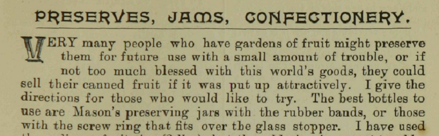 Passage about preserves, jams and confectionery in antique font.