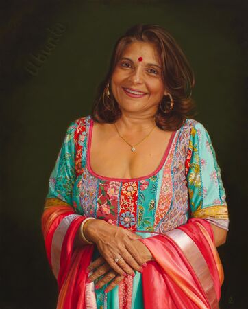 Oil painting on canvas of a woman in traditional dress.