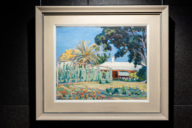 Vibrant painting of lowset homestead, garden, trees, and flowers against a blue sky.