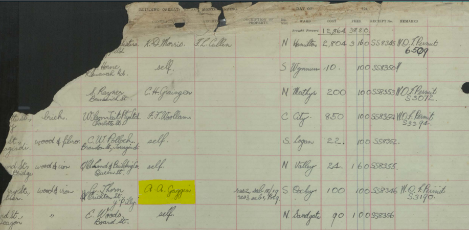 Building Application Register showing house removal by AA Gaggin