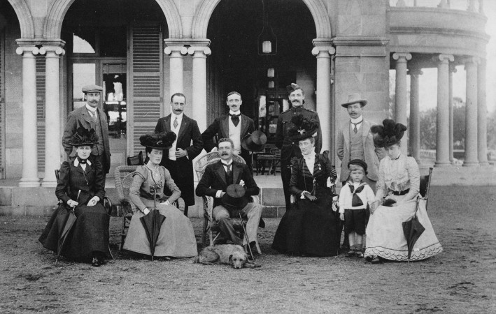 Lord Lamington with family, friends and personal assistants outside Government House, Brisbane, 1899
