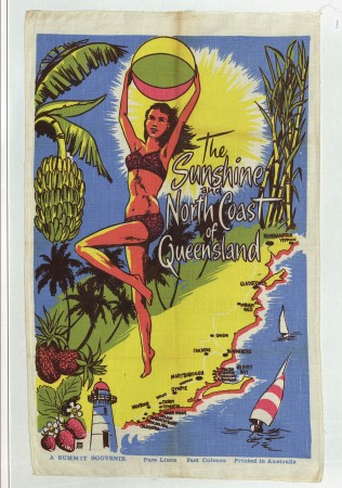 Colourful tea towel of The Sunshine and North Coast of Queensland