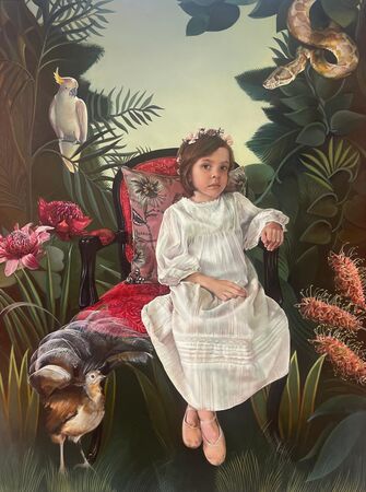 Oil painting on canvas of little girl sitting in a chair surrounded by Australian flora and fauna.