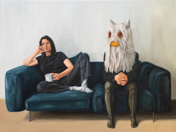 Oil painting on canvas of a woman and humanoid creature sitting on a couch.