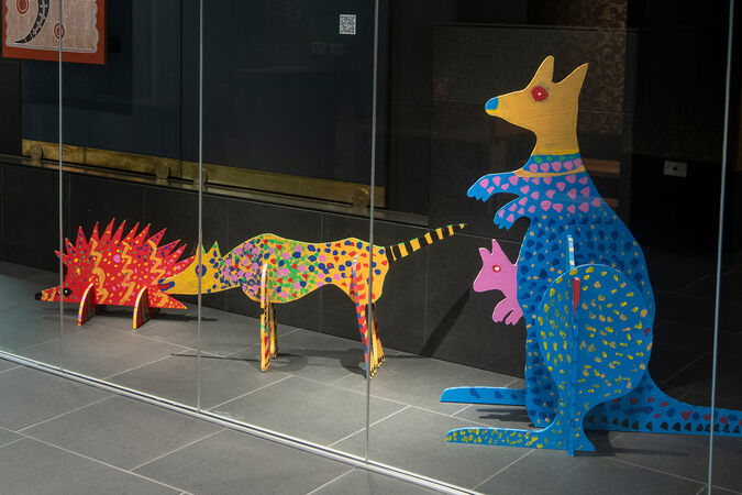 These three wooden animal sculptures of a kangaroo, echidna, and dingo were designed by Ratartat artists, Peter Widner and Geoff Bonney. 