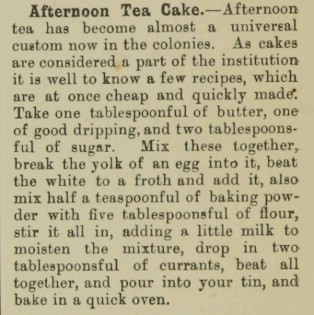Recipe for afternoon tea cake printed in antique font. 