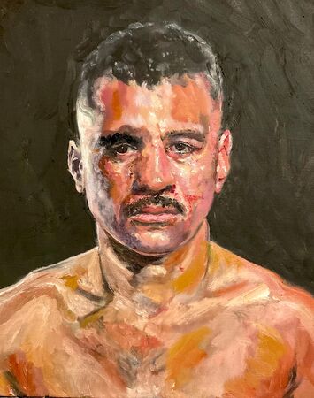 Oil painting on linen of a man's torso.