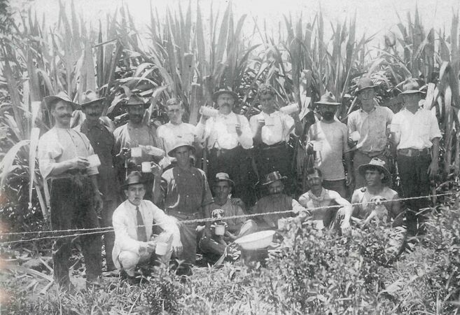 Jose Paronella, back row, 4th from right with local farmers and cane cutters.