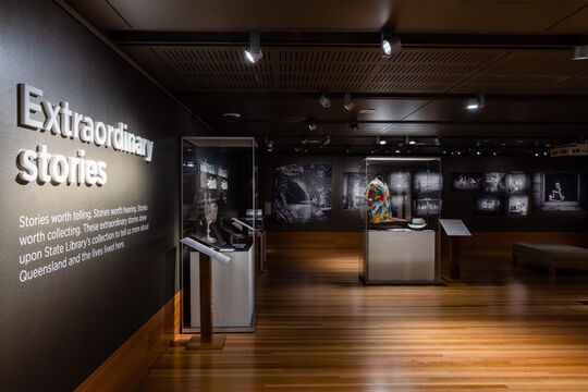 View of Extraordinary Stories exhibition, in Philip Bacon Heritage Gallery, Level 4. Photo by Josef Ruckli.