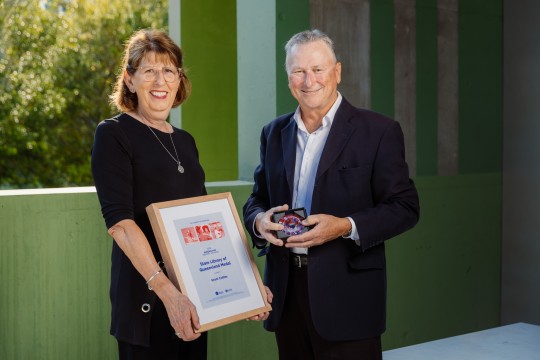 2024 State Library Medal winner Grant Collins with Library Board of Queensland Chair, Debbie Best.