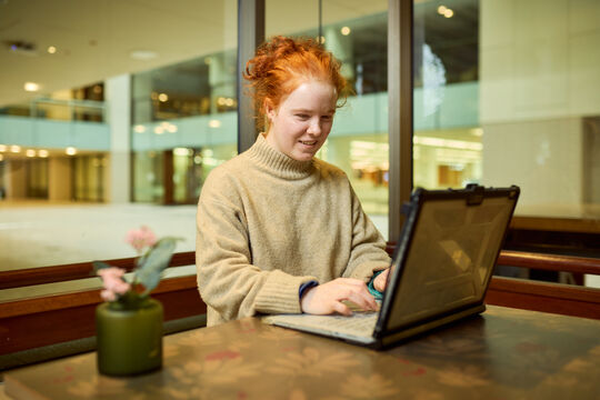 A person using a laptop in a public indoor space, seated at a table with a small plant nearby.