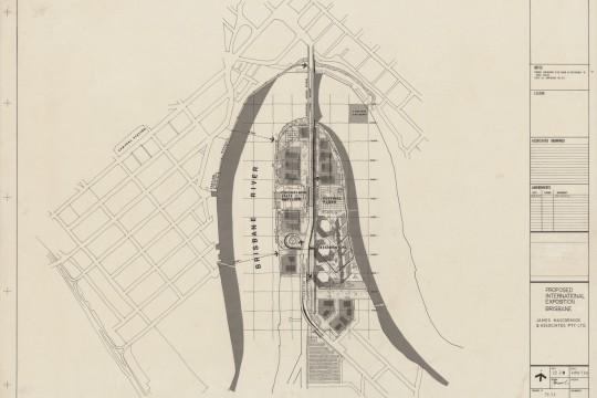 Site plan for the proposed international exposition at Kangaroo Point, Brisbane, 1981. Drawing by James Maccormick.