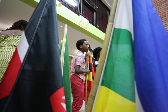 A young African boy holds a red black and yellow flag The boy is seen between several other African flags 