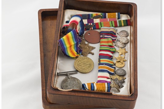Medals ribbons and miniatures awarded to Joe Lang and his brother Captain William Lang