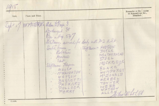 Extract from Lemnos Island 2ASH Unit Diary  Showing the arrival of Greta Towner and other nurses on September 17th to 2 ASH  Source AWM26712