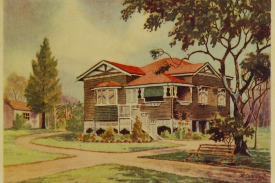 Colour image of Design No 13 from 99 everyday homes for Queenslanders 1939