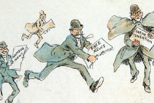 A man with fake news rushing to the printing press -drawing by Frederick Burr Opper