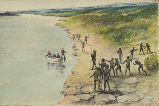 Watercolour work of art depicting the landing of John Oxley.