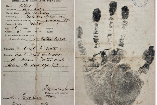 Immigration document and hand print for Albert 1898