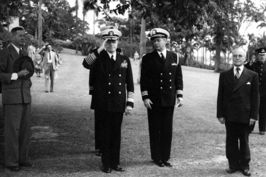 Fleet Admiral William T Halsey and Commander W J Kitchell at the Coral Sea Service American Memorial in Newstead Park Brisbane 1954