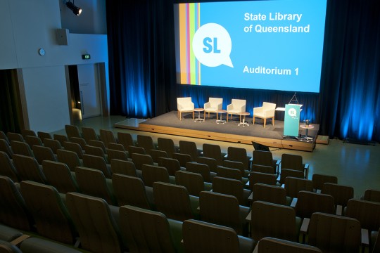 Auditorium at State Library with lights on stage