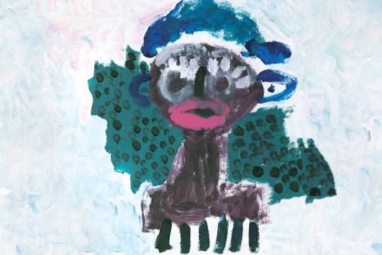 A childs self portrait The child has brown skin blue hair white eyelashes and pink lips against a green spotted background
