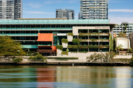 View of the exterior of the State Library building from the Brisbane River.