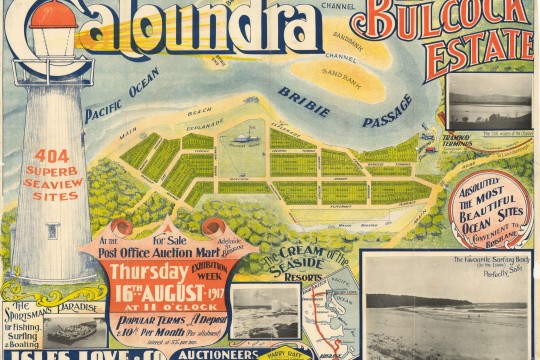 Coloured estate map of Caloundra Bullock Estate, featuring a light house and the Bribie Island Passage