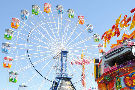 Busy scene in Sideshow Alley featuring the Ferris wheel Ekka, 2009, John Oxley Library, State Library of Queensland.