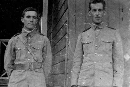 Black and white photograph of two cadet officers, dressed in uniform, at the Southport School in 1907.