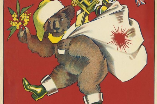 Christmas poster featuring a koala dressed in Santa hat and boots ca 1920