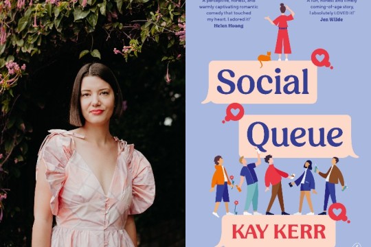 Composite image of Kay Kerr standing in a pink dress beneath an archway of pink flowers plus the cover of her book Social Queue