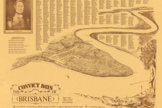 Drawing of Moreton Bay Settlement 1828 with list of convict names and image of Captain Patrick Logan in top left corner