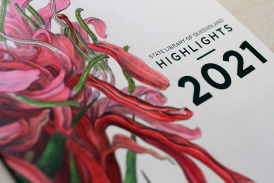 Publication cover image with a red flower and text that reads State Library of Queensland Highlights 2021