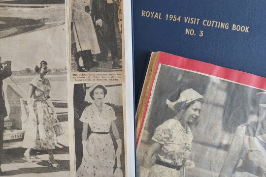 Newspaper cuttings of Queen Elizabeths arrival in Brisbane March 1954